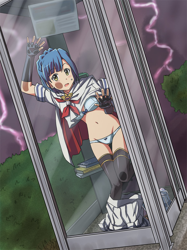 10s, 1girl, against_glass, black_thighhighs, blue_hair, blush, book, book_stack