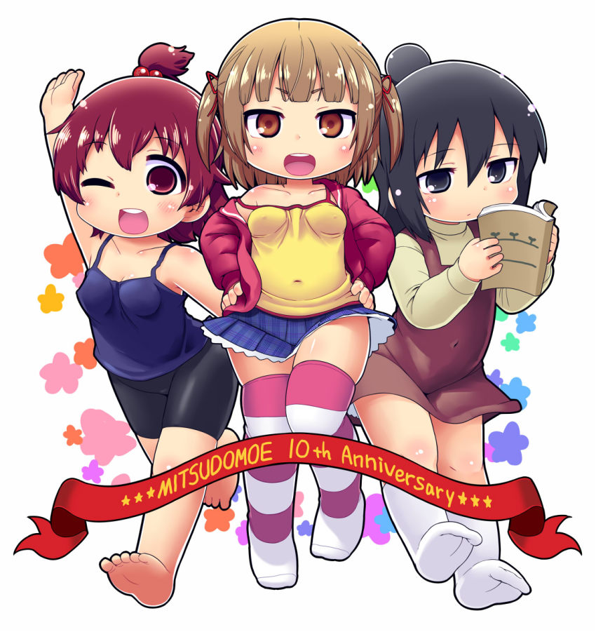 3girls, ;d, anniversary, arm_up, barefoot, bike_shorts, black_eyes, black_hair