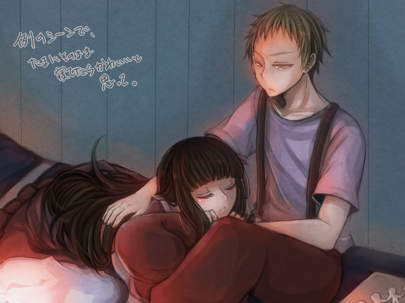 1boy, 1girl, black_hair, blunt_bangs, blush, bury, closed_eyes, coco_(bury)