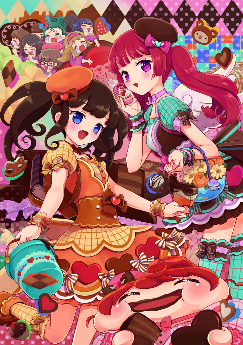 6+girls, :d, =_=, argyle_background, argyle_clothes, cake, cake_slice, candy, character_request, checkerboard_cookie, checkered_background, chocolate, chocolate_cake, chocolate_heart, cookie, cupcake, fangs, food, heart, hojo_sophy, kuma_(pripara), kurosu_aroma, multiple_girls, nabeshima_chanko, ndo2, neko_(pripara), open_mouth, polka_dot, polka_dot_background, pretty_series, pripara, sadako_(pripara), shiratama_mikan, smile, tears, yamamura_sadako