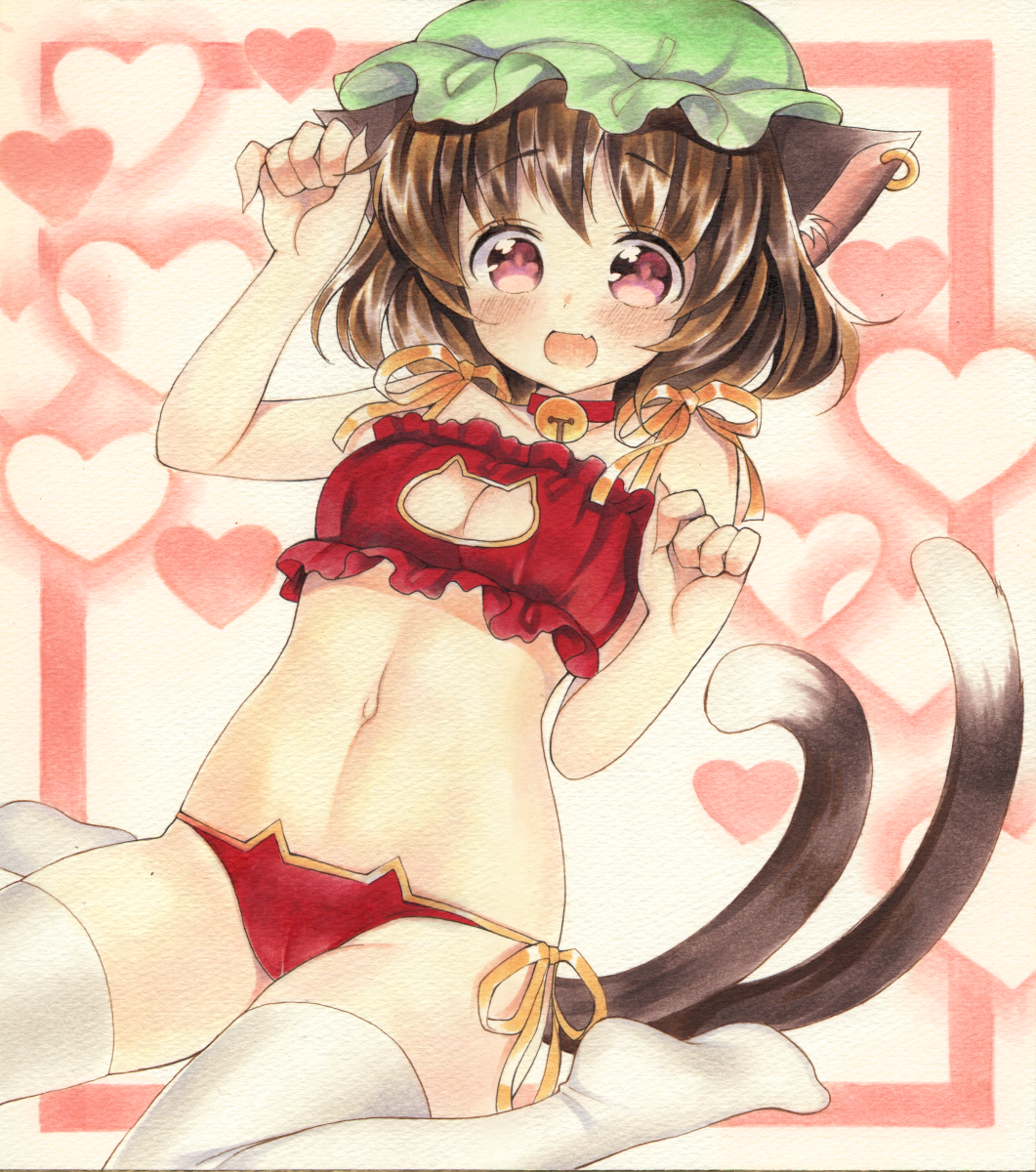 1girl, animal_ears, bell, bra, breasts, brown_hair, cat_cutout, cat_ear_panties
