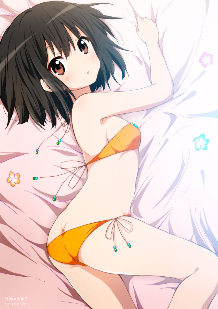 1girl, absurdres, artist_name, ass, bare_shoulders, bikini, black_hair, blush