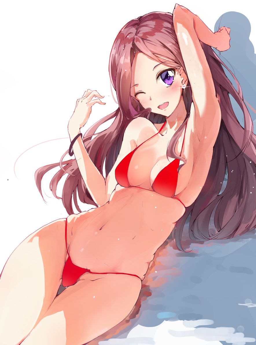 10s, 1girl, aikatsu!, aikatsu!_(series), aikatsu_stars!, arm_up, armpits, bad_id, bad_pixiv_id, bikini, blush, breasts, brown_hair, female_focus, kasumi_yozora, long_hair, looking_at_viewer, micro_bikini, okb329, open_mouth, purple_eyes, smile, solo, swimsuit