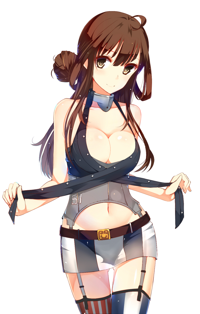 1girl, ahoge, american_flag_legwear, asymmetrical_legwear, bare_shoulders, blush, breasts, brown_eyes, brown_hair, cleavage, cosplay, female_focus, front-tie_top, garter_straps, gin00, gloves, highres, iowa_(kancolle), iowa_(kancolle)_(cosplay), kantai_collection, kongou_(kancolle), large_breasts, long_hair, looking_at_viewer, midriff, miniskirt, mismatched_legwear, navel, shiny_skin, skindentation, skirt, smile, solo, thigh_gap, thighhighs, uniform, zettai_ryouiki