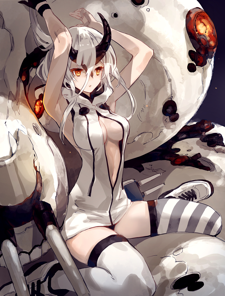 10s, 1girl, abyssal_ship, armpits, arms_up, breasts, cleavage, da-kuro