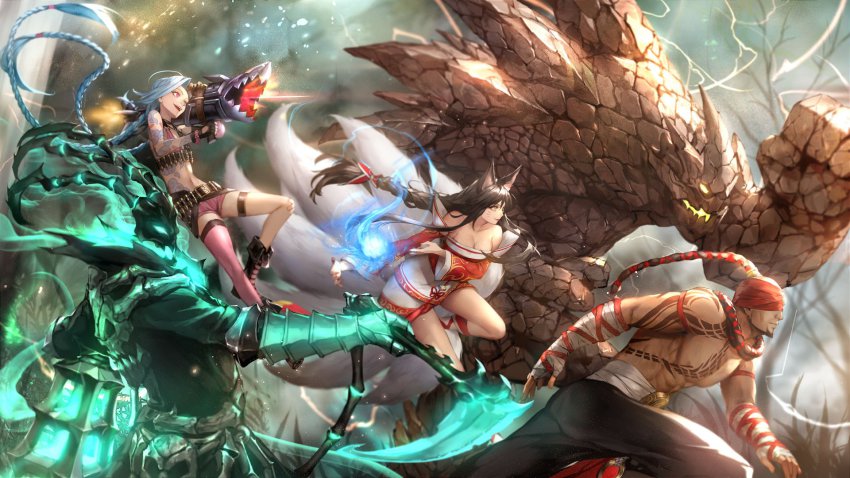 2girls, 3boys, abs, ahri_(league_of_legends), animal_ears, bare_shoulders, beard, belt