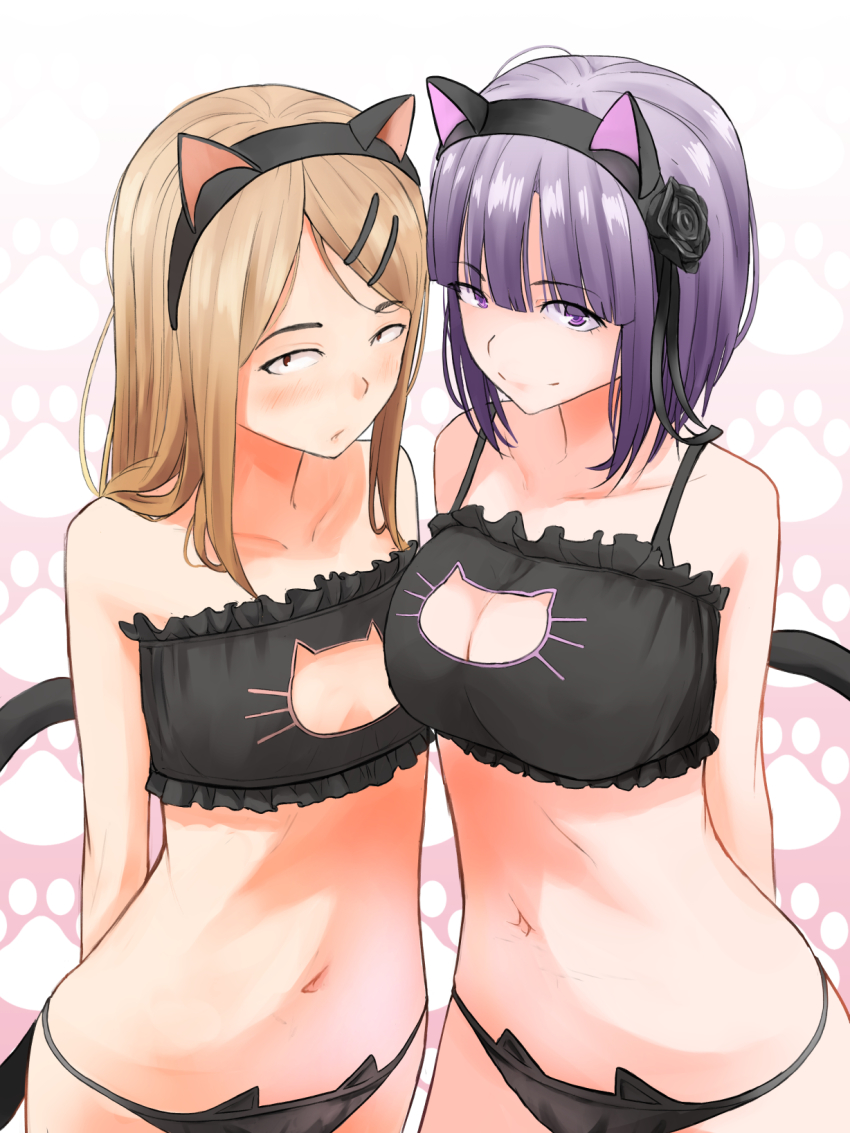 10s, 2girls, animal_ears, arms_behind_back, bare_arms, bare_shoulders, black_bra, black_panties, blonde_hair, blush, bra, breasts, cat_cutout, cat_ear_panties, cat_ears, cat_lingerie, cat_tail, cleavage, cleavage_cutout, clothing_cutout, collarbone, dagashi_kashi, endou_saya, fake_animal_ears, female_focus, flat_chest, hair_ornament, hairclip, highres, light_brown_hair, lingerie, long_hair, looking_at_viewer, midriff, multiple_girls, navel, nonh_(wormoftank), panties, paw_print, paw_print_background, purple_eyes, purple_hair, revealing_clothes, shidare_hotaru, short_hair, smile, strapless, strapless_bra, tail, underwear