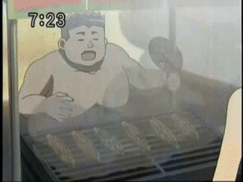 00s, 1boy, 1girl, animated, animated_gif, anime_screenshot, between_breasts, bikini, bouncing_breasts, breasts, cleavage, corn, dinosaur_king, edo, glasses, large_breasts, lowres, smoke, sunglasses, swimsuit, usarapa, water