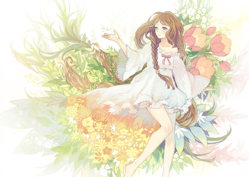 1girl, bare_shoulders, barefoot, braid, brown_hair, chizu_(fiute), collarbone, dress