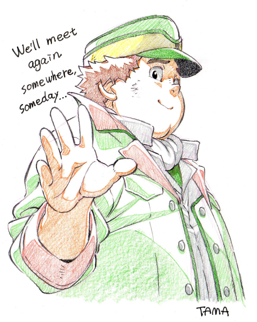 1boy, artist_name, biscuit_griffon, brown_hair, color_trace, colored_pencil_(medium), english_text, graphite_(medium), gundam, gundam_tekketsu_no_orphans, hat, highres, jacket, male_focus, military, military_hat, military_jacket, military_uniform, smile, solo, tama_(g-men), traditional_media