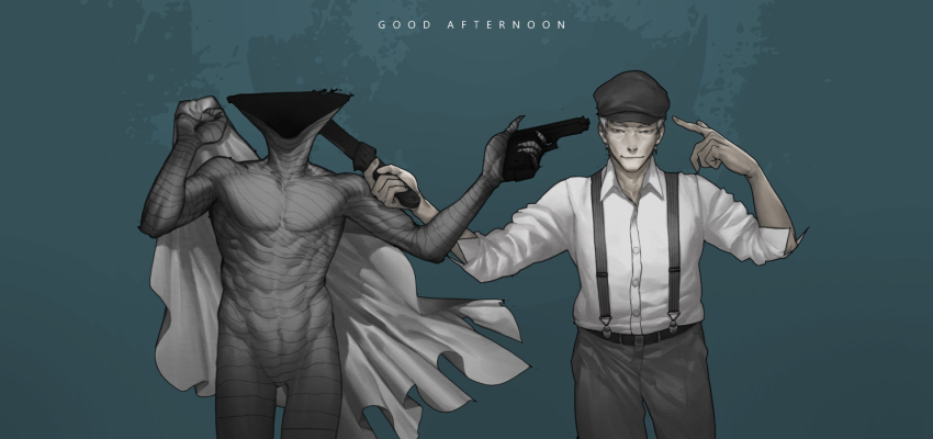 10s, 1boy, aiming, ajin_(sakurai_gamon), bandages, belt, closed_mouth, collared_shirt