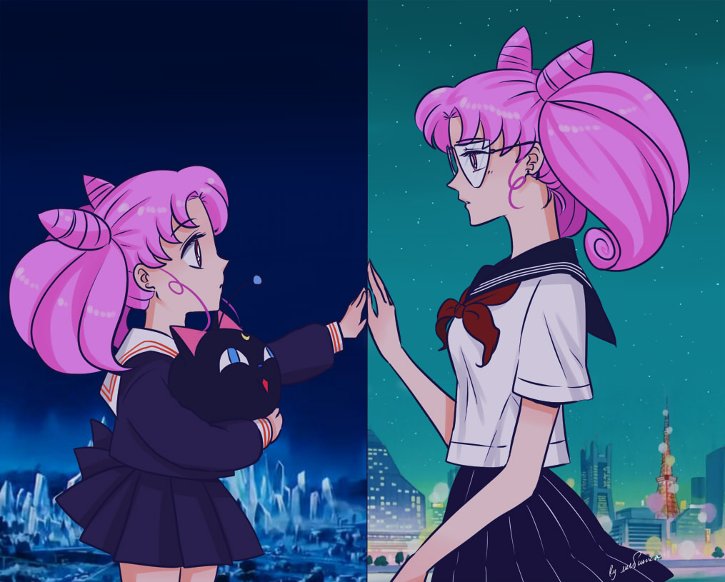 1990s_(style), 2girls, age_difference, bishoujo_senshi_sailor_moon, bishoujo_senshi_sailor_moon_r, blue_sailor_collar, chibi_usa, city