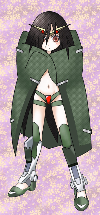 1girl, black_hair, blanket, brown_eyes, crossover, dynames, female_focus, gundam