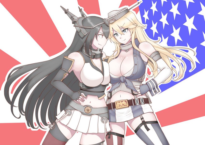 10s, 2girls, american_flag, asymmetrical_docking, black_hair, blonde_hair, blue_eyes, breast_press