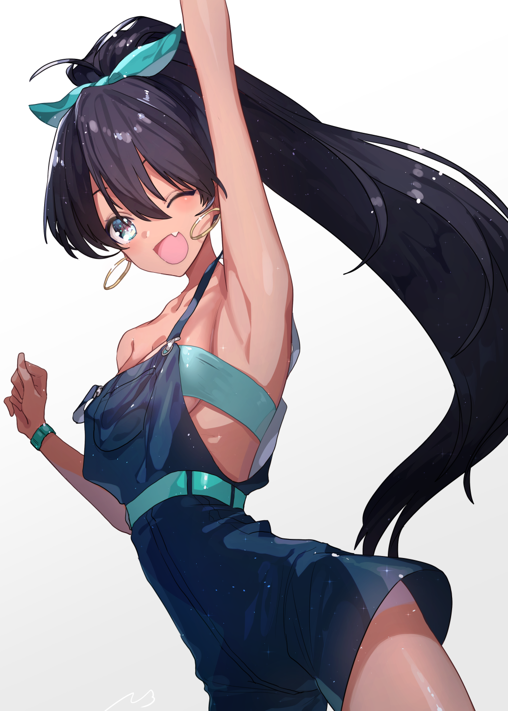 1girl, armpits, black_hair, blue_eyes, breasts, earrings, fang, female_focus, ganaha_hibiki, her0o227, high_ponytail, highres, hiro_(her0o227), hiro_(menomae), idolmaster, idolmaster_(classic), jewelry, long_hair, medium_breasts, open_mouth, ponytail, sideboob, smile, solo
