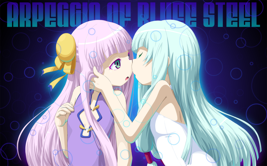 10s, 2girls, aoki_hagane_no_arpeggio, aqua_hair, bad_id, bad_pixiv_id, blue_hair, bun_cover