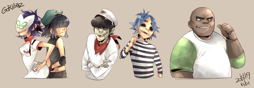 2girls, 3boys, bald, bibi_(uzu-uzu-uzu), black_hair, blue_hair, cyborg_noodle_(gorillaz), elbow_pads, empty_eyes, fingernails, gloves, gorillaz, hair_over_eyes, hat, heterochromia, highres, long_fingernails, mask, missing_tooth, multiple_boys, multiple_girls, murdoc_niccals, noodle_(gorillaz), pocket, purple_hair, red_eyes, red_scarf, russel_hobbs, sailor_hat, scarf, shirt, smile, smoking_pipe, smoking_pipe_in_mouth, striped_clothes, striped_shirt, stuart_pot, teeth, thumbs_up