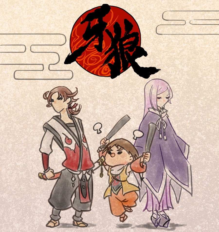 10s, 1girl, 2boys, brown_hair, cloak, garo:_guren_no_tsuki, garo_(tokusatsu_series), kintoki_(garo:guren_no_tsuki)