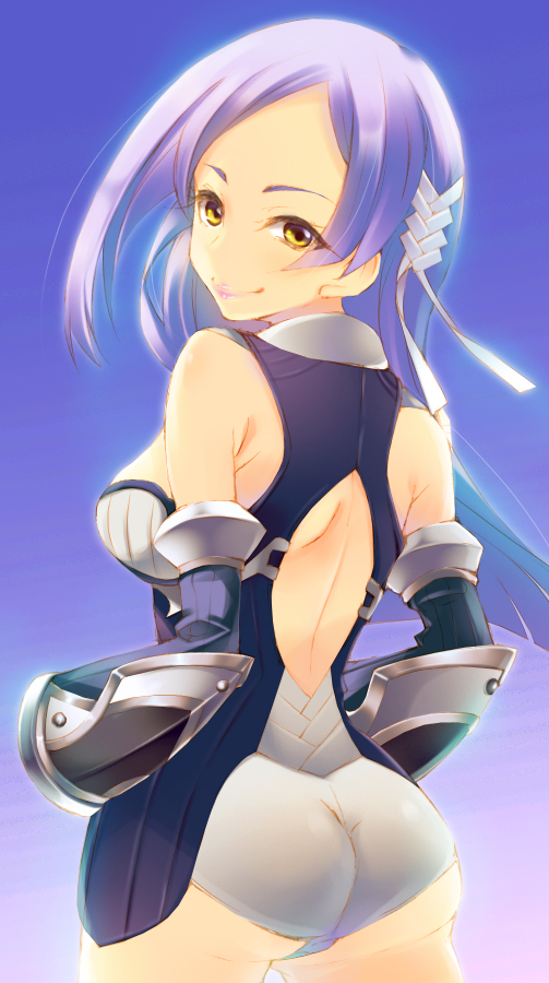 1girl, armor, ass, back, bare_shoulders, blue_hair, breasts, garo:_guren_no_tsuki