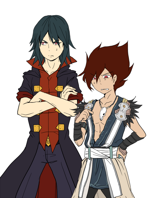 10s, 2boys, abs, belt, blue_hair, coat, fujiwara_no_yasusuke, garo:_guren_no_tsuki, garo:_honoo_no_kokuin, garo_(tokusatsu_series), jewelry, leon_luis, multiple_boys, necklace, open_mouth, pants, pink_eyes, red_hair, short_hair