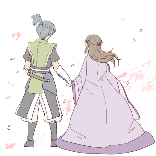 1boy, 1girl, blue_hair, brown_hair, character_request, flat_color, fujiwara_no_yasusuke, garo:_guren_no_tsuki, garo_(tokusatsu_series), hetero, holding_hands, japanese_clothes, kimono, long_hair, lowres, pants, ponytail, sword, weapon