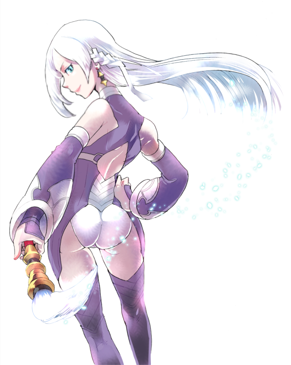 1girl, ass, bare_shoulders, blue_eyes, brush, detached_sleeves, earrings, garo:_guren_no_tsuki