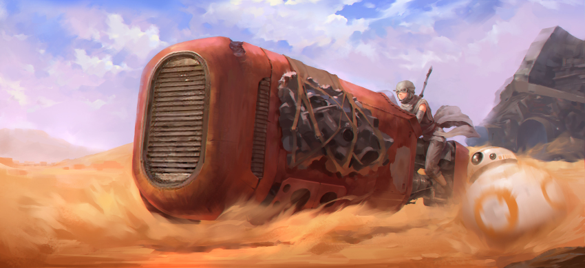 1girl, absurdres, bb-8, cloud, damaged, day, desert, dirty, dust, goggles, hat, highres, hover_bike, jakku_(star_wars), junk, miorine, motion_blur, realistic, rey_(star_wars), riding, robot, science_fiction, speeder_bike, staff, star_destroyer, star_wars, star_wars:_the_force_awakens, vehicle, wreckage