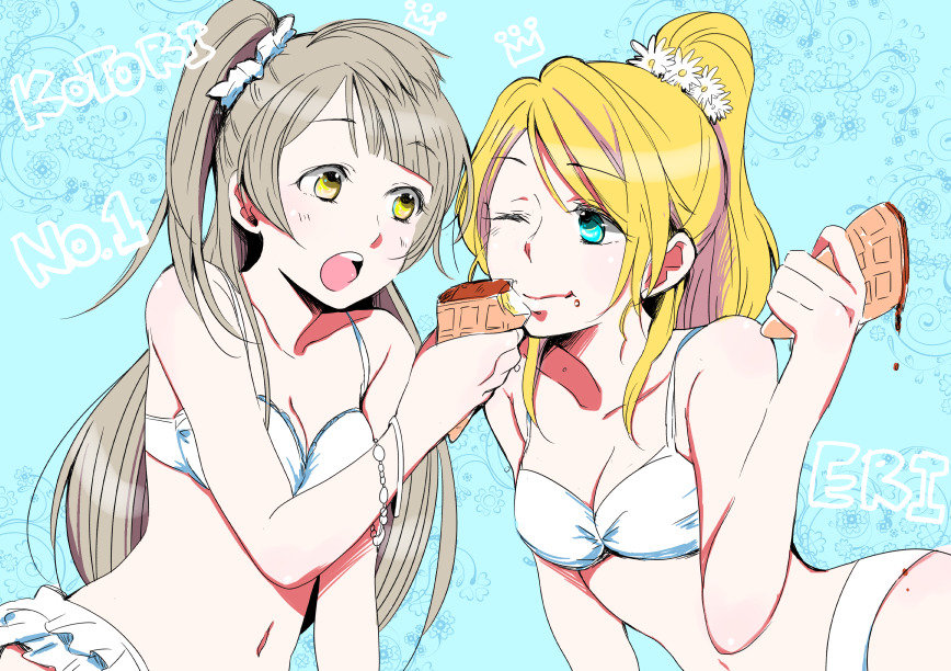 10s, 2girls, :o, aqua_eyes, ayase_eli, bikini, blonde_hair, blue_eyes, bracelet, breasts, brown_hair, cleavage, eye_contact, feeding, food, grey_hair, hair_ornament, jewelry, kitamura_touru, long_hair, looking_at_another, love_live!, love_live!_school_idol_project, minami_kotori, multiple_girls, one_eye_closed, one_side_up, open_mouth, ponytail, scrunchie, side_ponytail, swimsuit, white_bikini, yellow_eyes