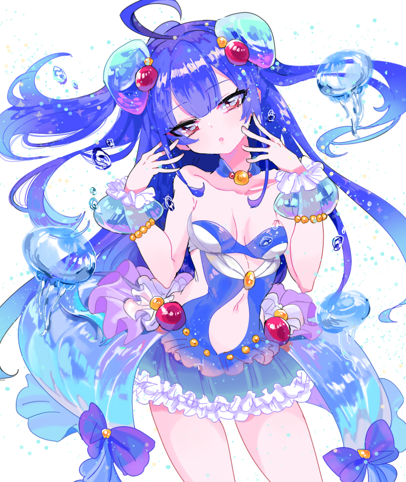 1girl, ahoge, anno_aano, bare_shoulders, blue_hair, breasts, cleavage, contrapposto