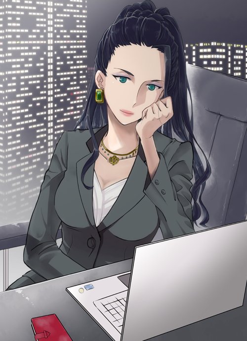 10s, 1girl, aqua_eyes, at_computer, black_hair, breasts, city_lights, computer, desk, earrings, executive_mishiro, female_focus, formal_clothes, hair_slicked_back, idolmaster, idolmaster_cinderella_girls, jewelry, kawaizumi_pome, light_smile, lipstick, long_hair, makeup, mature_female, necklace, pencil_skirt, ponytail, sitting, skirt, skirt_suit, solo, suit