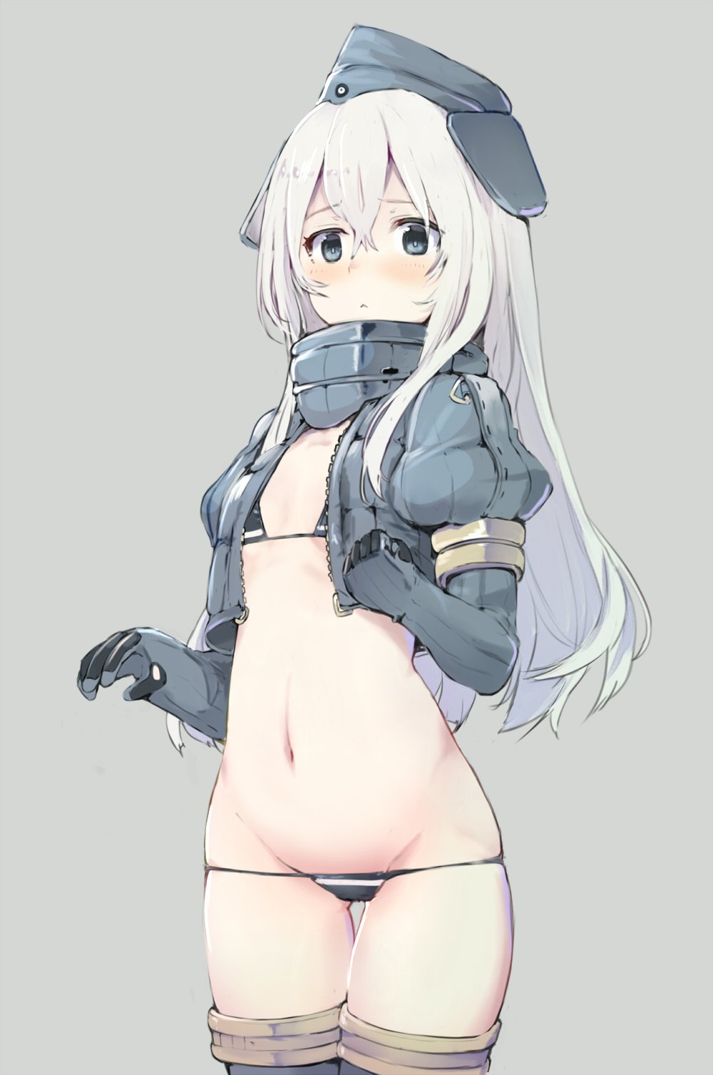 10s, 1girl, bikini, blonde_hair, blue_eyes, blush, cowboy_shot, cropped_jacket