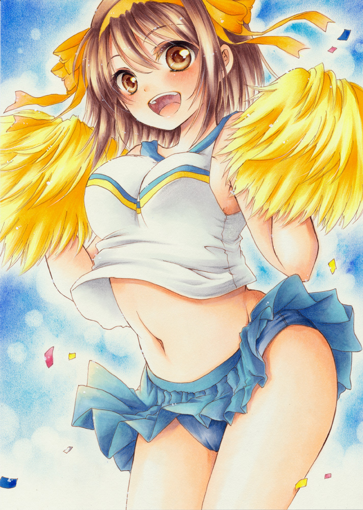 1girl, blush, breasts, brown_eyes, brown_hair, cheerleader, crop_top, female_focus, hair_ribbon, hairband, marker_(medium), midriff, miniskirt, navel, open_mouth, panties, pantyshot, pom_pom_(cheerleading), ribbon, short_hair, skirt, smile, solo, stomach, suzumiya_haruhi, suzumiya_haruhi_no_yuuutsu, traditional_media, underwear, yuuna_katsumi