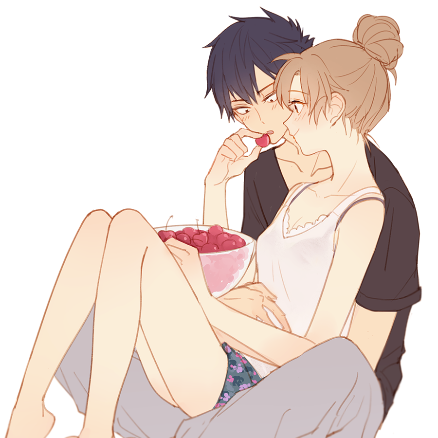1boy, 1girl, aisaka_taiga, alternate_hair_length, alternate_hairstyle, alternate_height, bare_legs, bare_shoulders, blue_hair, blush, bra, bra_strap, breasts, brown_hair, camisole, casual, cherry, collarbone, couple, feeding, food, fruit, hair_bun, hetero, holding, holding_food, holding_fruit, hug, hug_from_behind, knees_together_feet_apart, aged_up, profile, see-through_clothes, short_hair, short_shorts, shorts, simple_background, single_hair_bun, sitting, sitting_on_lap, sitting_on_person, sleeveless, small_breasts, smile, takasu_ryuuji, tank_top, toradora!, underwear, white_background, wonkrin