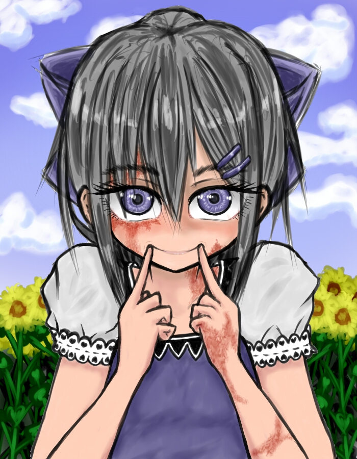 1girl, bad_id, bad_pixiv_id, black_hair, bow, burn_scar, cloud, day, dorei_to_no_seikatsu_~teaching_feeling~, eyebrows, eyes_visible_through_hair, female_focus, fingersmile, flower, hair_bow, hair_ornament, hairclip, looking_at_viewer, purple_eyes, scar, shiroi_kawauso, short_sleeves, sky, smile, solo, sunflower, sylvie_(dorei_to_no_seikatsu)