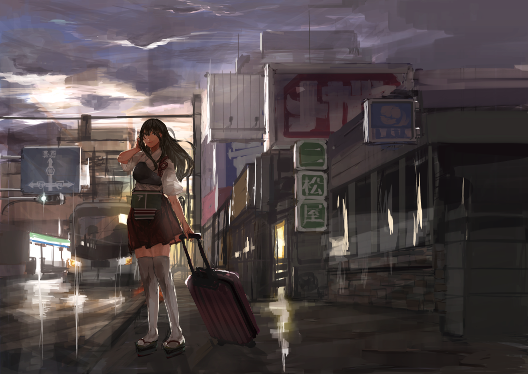 10s, 1girl, adjusting_hair, akagi_(kancolle), bad_id, bad_pixiv_id, brown_eyes, brown_hair, building, bus, city, cloud, cloudy_sky, female_focus, itobek, kantai_collection, long_hair, motor_vehicle, road, road_sign, rolling_suitcase, sandals, sign, sky, smile, solo, street, suitcase, thighhighs, traffic_light, twilight, vehicle, white_thighhighs, zettai_ryouiki