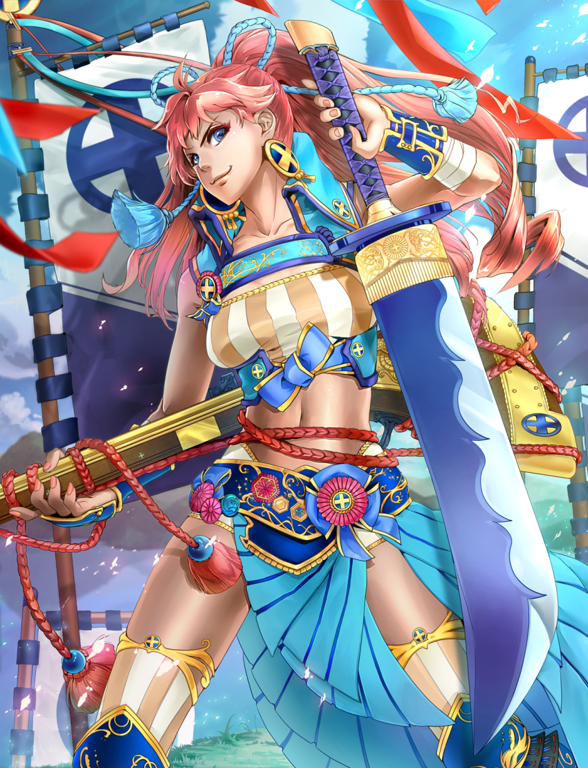 1girl, banner, blue_eyes, dark-skinned_female, dark_skin, female_focus, flag, gun, highres, long_hair, midriff, nail_polish, navel, niku_(amikoto), original, ponytail, red_hair, rifle, sengoku_taisen, solo, sword, weapon