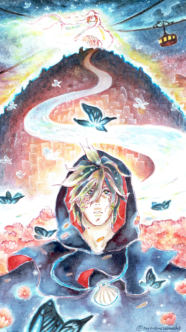 10s, 1boy, 1girl, animal, black_hair, bug, butterfly, cable_car