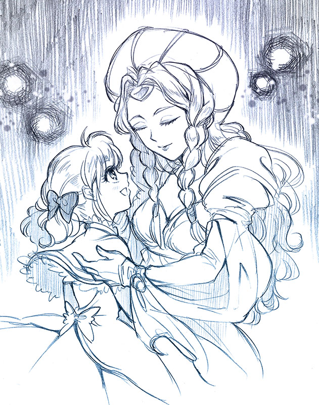 00s, 1girl, blush, braid, breasts, capelet, cleavage, closed_eyes