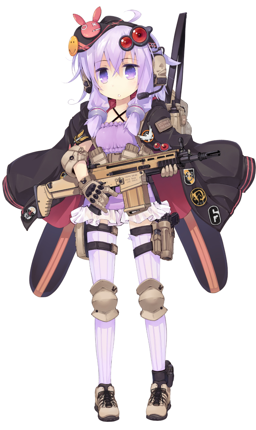1girl, assault_rifle, blue_eyes, blue_hair, dress, elbow_pads, female_focus, fn_scar