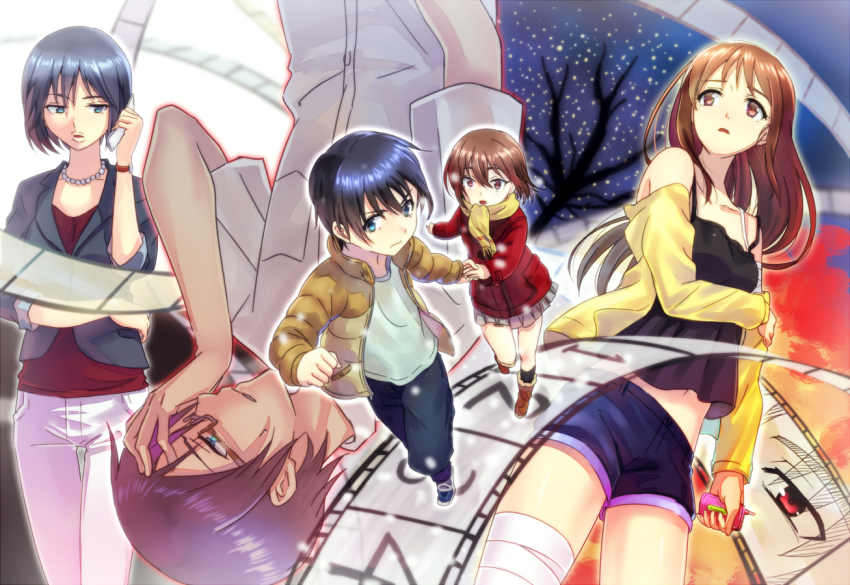 10s, 2boys, 3girls, arm_at_side, bad_id, bad_pixiv_id, bandaged_arm, bandages