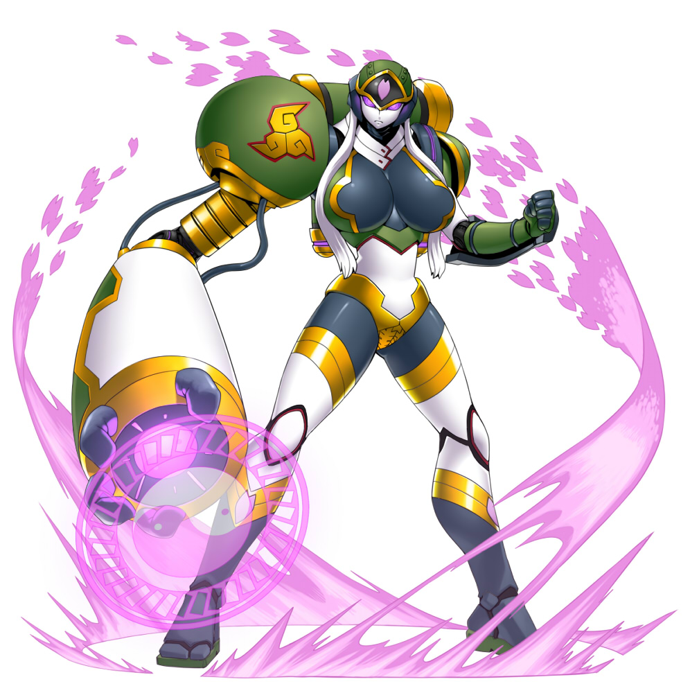 1girl, android, arm_cannon, backpack, bag, breasts, clenched_hand, female_focus