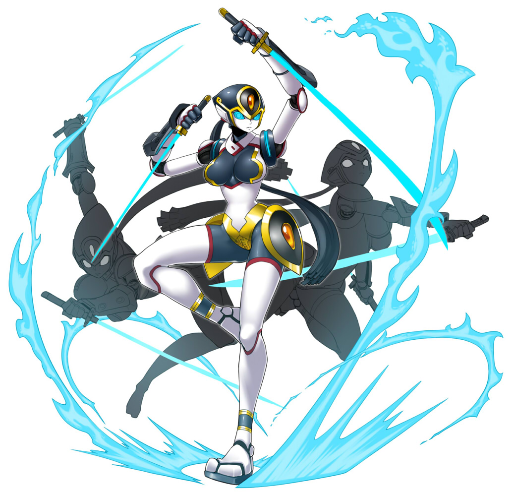 1girl, afterimage, android, bald, bald_female, blue_eyes, breasts, dual_wielding