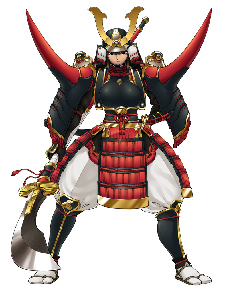 1girl, armor, baggy_pants, black_hair, breastplate, breasts, faulds, female_focus