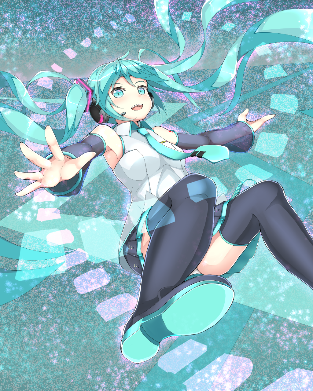 1girl, aqua_eyes, aqua_hair, black_boots, black_thighhighs, boots, butatikin, detached_sleeves