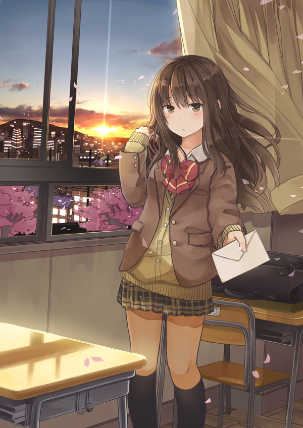 1girl, bag, black_legwear, blazer, brown_eyes, brown_hair, cherry_blossoms, classroom, commentary_request, curtains, desk, envelope, female_focus, hand_in_own_hair, indoors, jacket, long_hair, long_sleeves, looking_at_viewer, niichi_(komorebi-palette), original, school, school_bag, school_desk, school_uniform, skirt, solo, twilight, unohana_kotoha, window