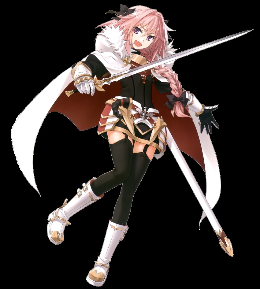 1boy, absurdres, androgynous, astolfo_(fate), black_thighhighs, boots, bow, braid, fang, fate/apocrypha, fate/grand_order, fate_(series), garter_straps, gauntlets, hair_bow, hair_ribbon, highres, konoe_ototsugu, long_hair, male_focus, official_art, open_mouth, pink_eyes, pink_hair, ribbon, rider_class_(fate), simple_background, single_braid, solo, sword, thighhighs, trap, weapon