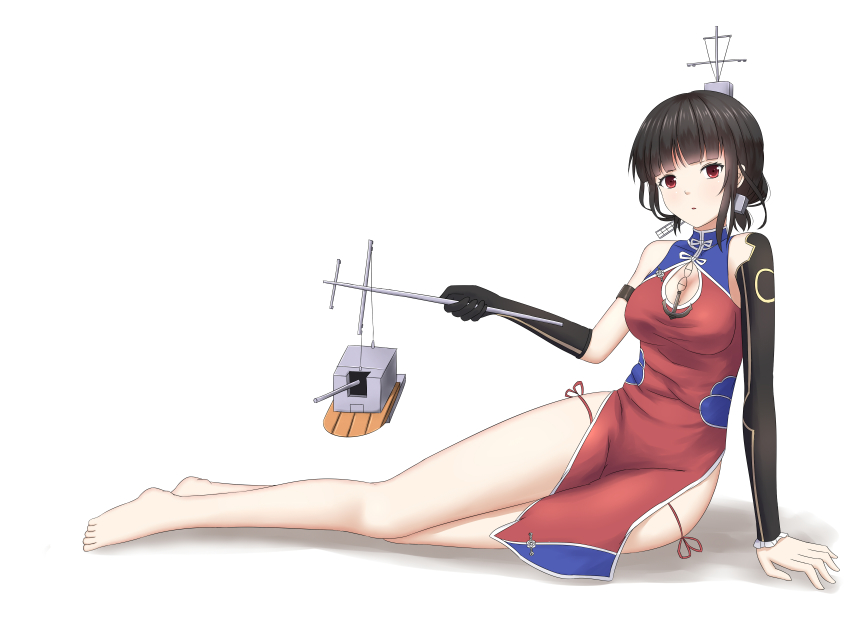 1girl, absurdres, anchor, armband, barefoot, black_hair, breasts, cannon, china_dress, chinese_clothes, cleavage, cleavage_cutout, clothing_cutout, detached_sleeves, dress, elbow_gloves, female_focus, gloves, hair_ornament, highres, lowleg, lowleg_panties, mast, panties, puppet_strings, red_eyes, rigging, ship_turret, short_hair, side-tie_panties, side_slit, single_glove, single_sleeve, sitting, solo, underwear, warship_girls_r, wujojin, yat_sen_(warship_girls_r)