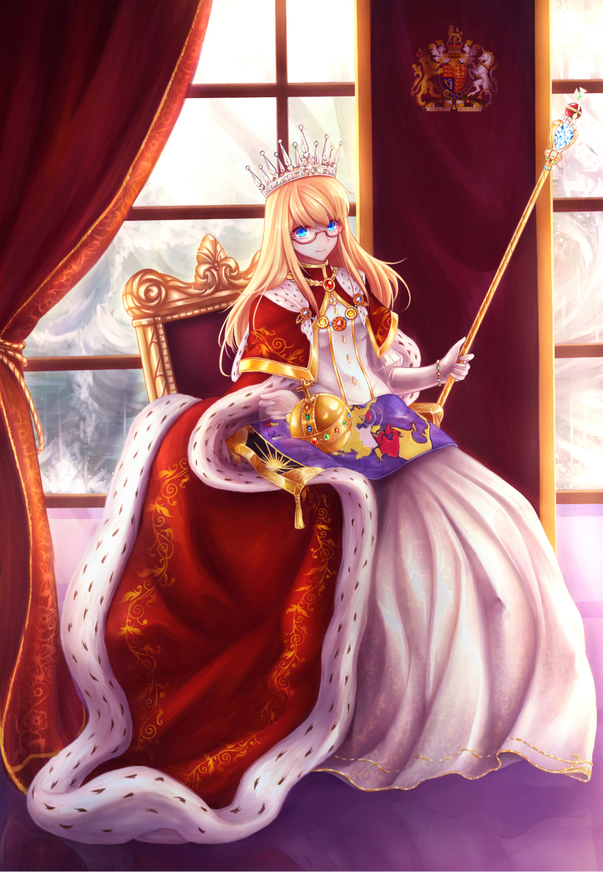 1girl, alternate_costume, artoria_(3001005), blonde_hair, blue_eyes, cape, capelet, chair