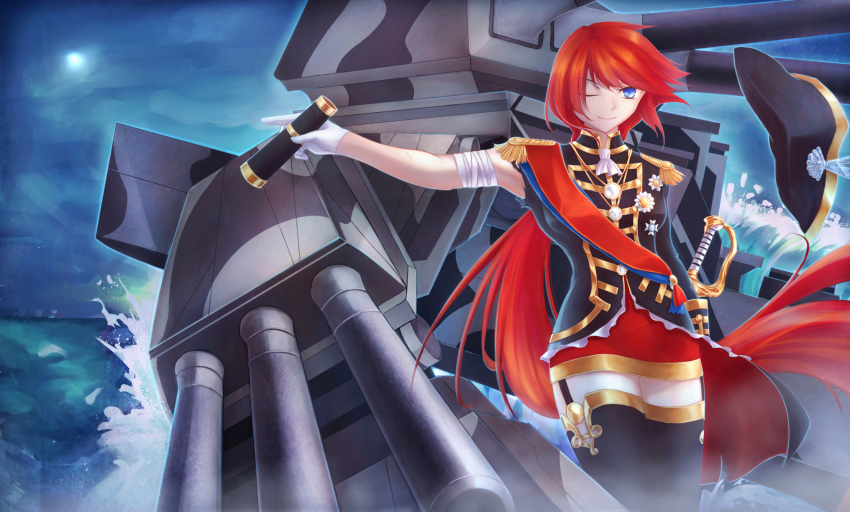 1girl, artoria_(3001005), bandages, blue_eyes, cannon, epaulettes, female_focus, garter_straps