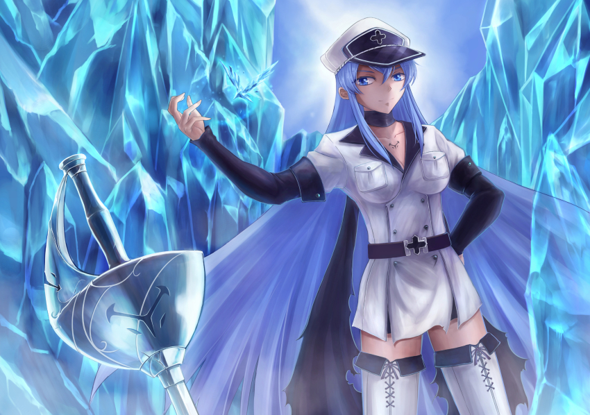 10s, 1girl, akame_ga_kill!, artoria_(3001005), blue_eyes, blue_hair, breasts, choker, cleavage, detached_sleeves, esdeath, female_focus, hair_between_eyes, hat, highres, ice, light_smile, long_hair, matching_hair/eyes, peaked_cap, rapier, smile, solo, sword, tattoo, thighhighs, very_long_hair, weapon